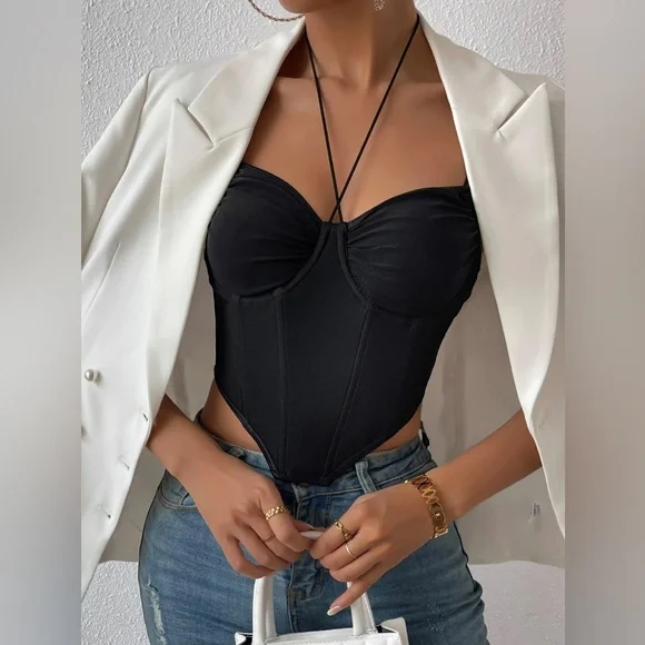 Shein Asymmetrical Hem Bustier Cami Top NWOT Size Medium Black - Picture 4 of 8